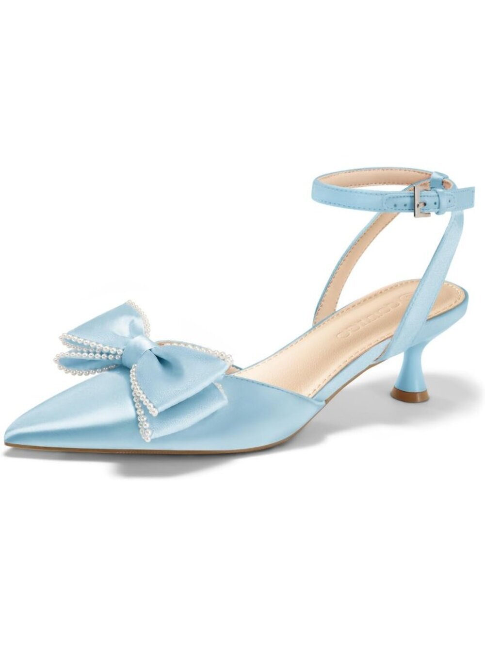 Women's Blue Satin Kitten Low Heels Bow Pearl Closed Pointed Toe Ankle Strap